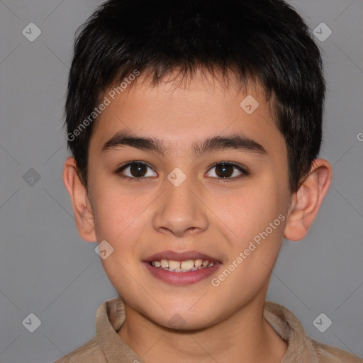 Joyful white child male with short  brown hair and brown eyes