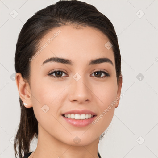 Joyful white young-adult female with long  brown hair and brown eyes