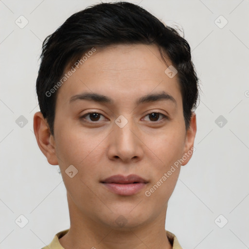 Neutral latino young-adult male with short  brown hair and brown eyes