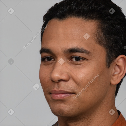 Neutral white young-adult male with short  black hair and brown eyes
