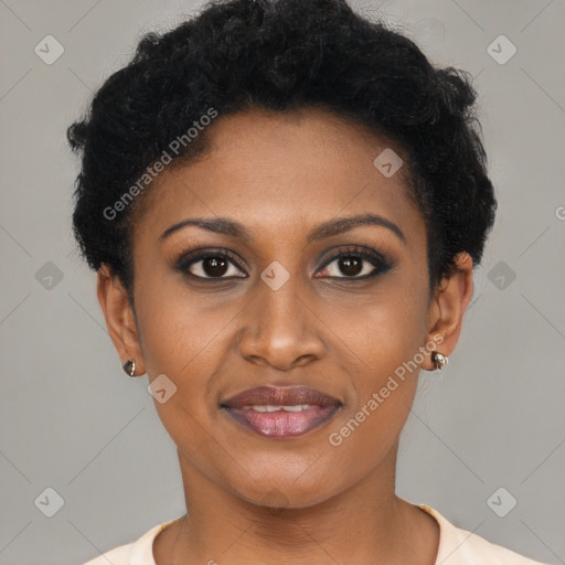 Joyful black young-adult female with short  brown hair and brown eyes