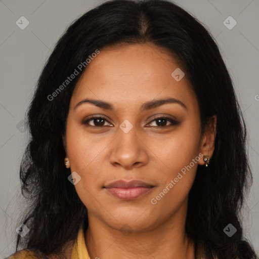 Joyful latino young-adult female with long  brown hair and brown eyes