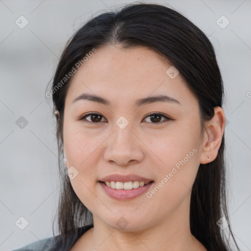 Joyful white young-adult female with medium  brown hair and brown eyes