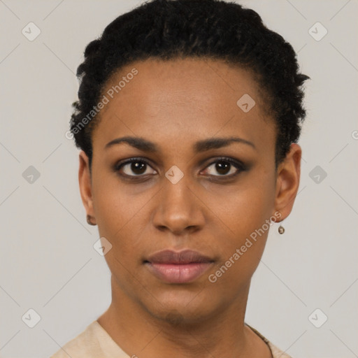 Neutral black young-adult female with short  black hair and brown eyes