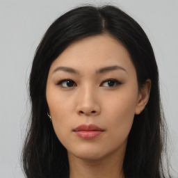 Neutral asian young-adult female with long  black hair and brown eyes