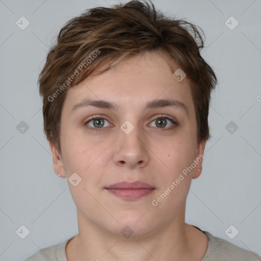 Neutral white young-adult female with short  brown hair and brown eyes