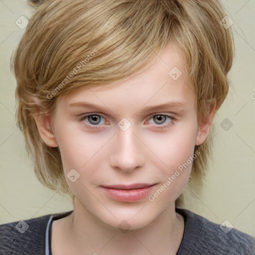 Joyful white child female with medium  brown hair and grey eyes