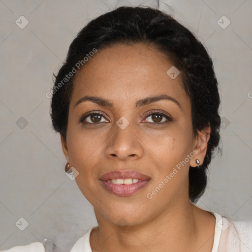 Joyful latino young-adult female with short  black hair and brown eyes