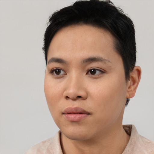Neutral asian young-adult female with short  black hair and brown eyes