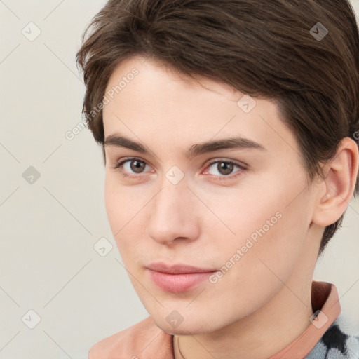 Neutral white young-adult female with short  brown hair and brown eyes