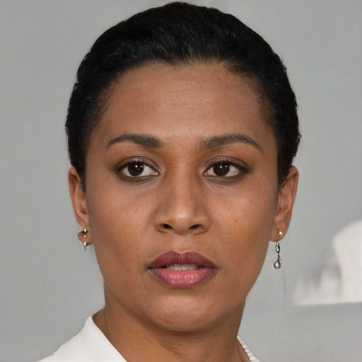 Neutral black young-adult female with short  black hair and brown eyes