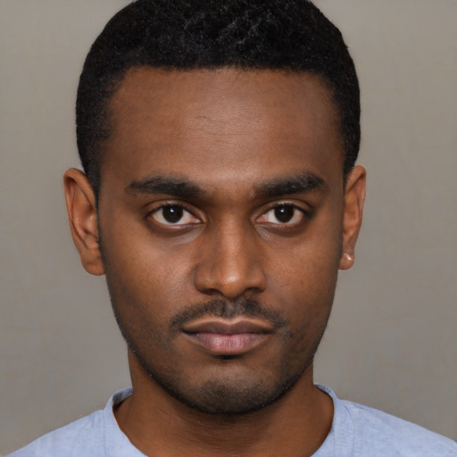 Neutral black young-adult male with short  black hair and brown eyes