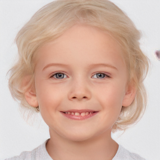 Joyful white child female with medium  blond hair and blue eyes