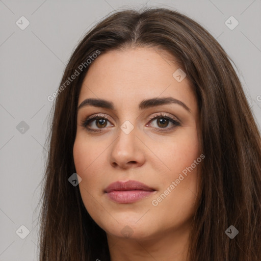 Neutral white young-adult female with long  brown hair and brown eyes