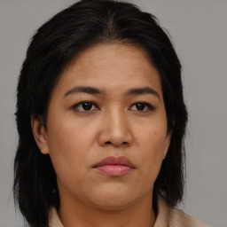 Neutral asian young-adult female with medium  black hair and brown eyes