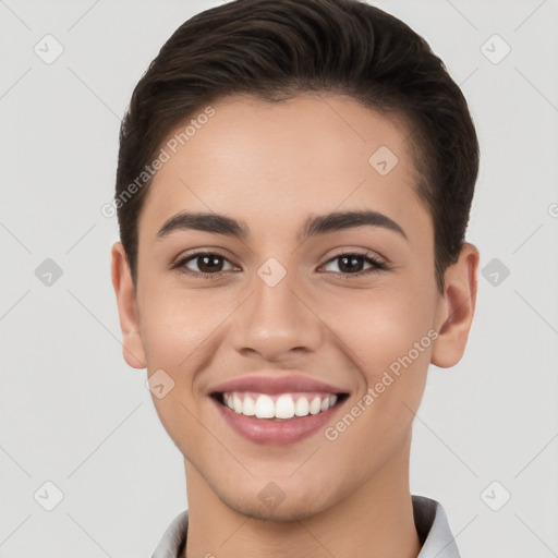 Joyful white young-adult female with short  brown hair and brown eyes