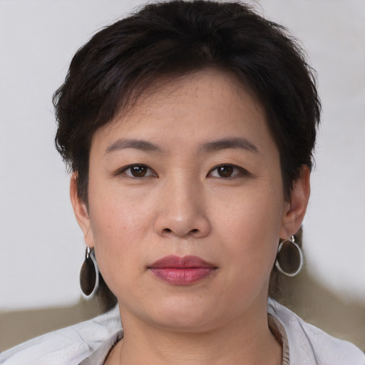 Neutral white young-adult female with short  brown hair and brown eyes