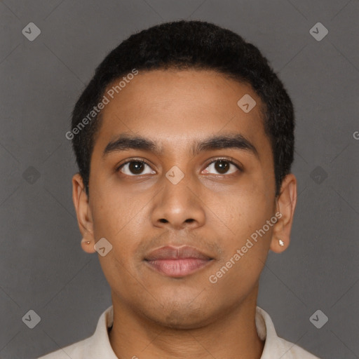 Neutral latino young-adult male with short  black hair and brown eyes