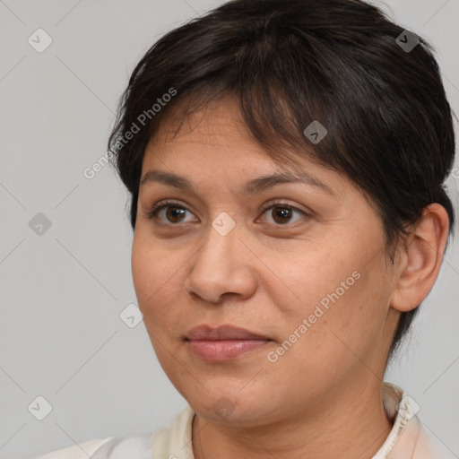 Joyful white adult female with medium  brown hair and brown eyes