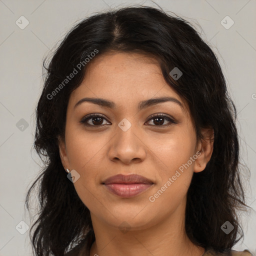 Joyful latino young-adult female with long  brown hair and brown eyes