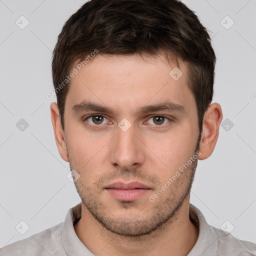 Neutral white young-adult male with short  brown hair and brown eyes