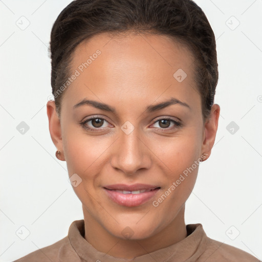 Joyful white young-adult female with short  brown hair and brown eyes