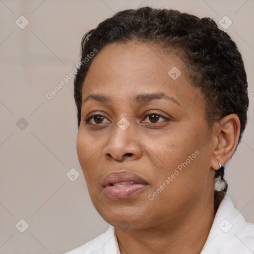 Joyful black adult female with short  brown hair and brown eyes