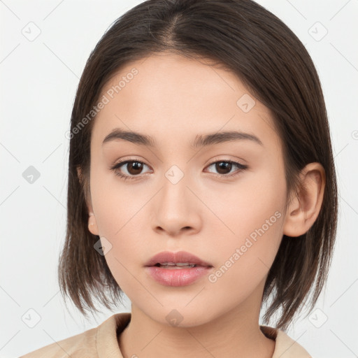 Neutral white young-adult female with medium  brown hair and brown eyes