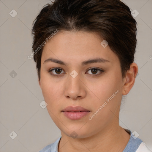 Neutral white young-adult female with short  brown hair and brown eyes