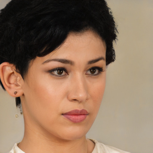 Neutral latino young-adult female with short  black hair and brown eyes