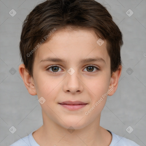 Joyful white child female with short  brown hair and brown eyes