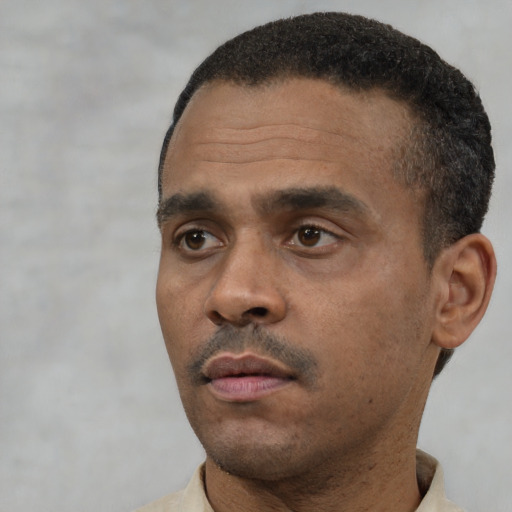 Neutral latino adult male with short  black hair and brown eyes