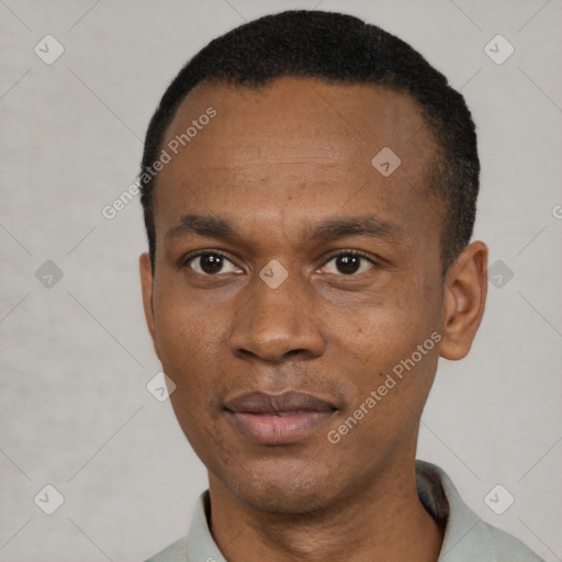 Neutral black adult male with short  black hair and brown eyes