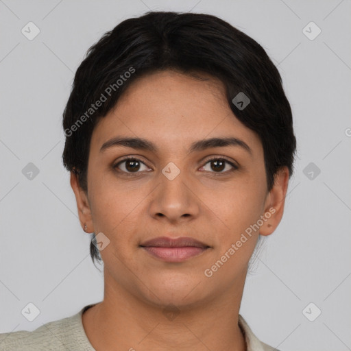 Joyful latino young-adult female with short  black hair and brown eyes