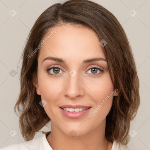 Joyful white young-adult female with medium  brown hair and green eyes