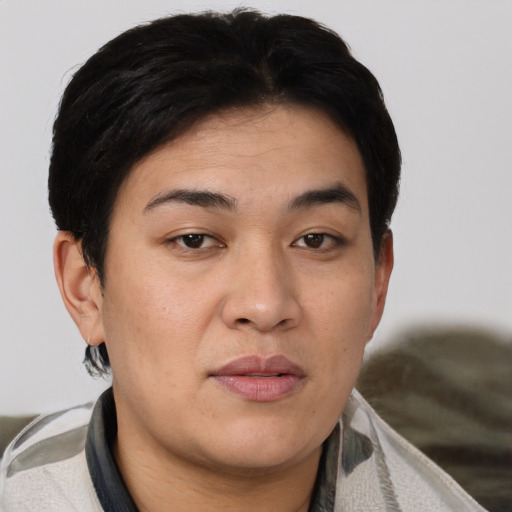 Joyful asian young-adult female with short  brown hair and brown eyes
