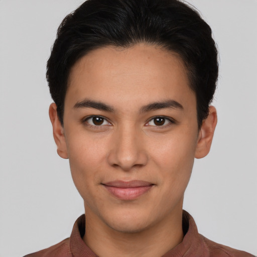 Joyful latino young-adult male with short  brown hair and brown eyes