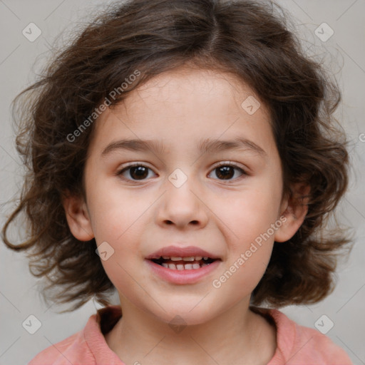 Joyful white child female with medium  brown hair and brown eyes