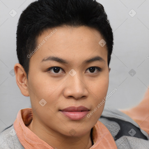 Joyful latino young-adult female with short  brown hair and brown eyes