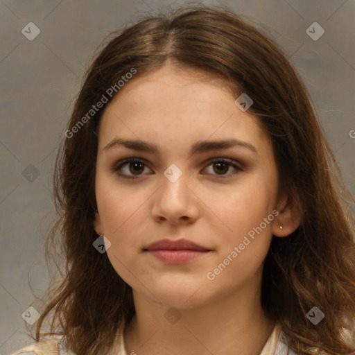 Neutral white young-adult female with medium  brown hair and brown eyes