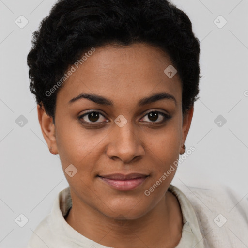 Joyful latino young-adult female with short  brown hair and brown eyes