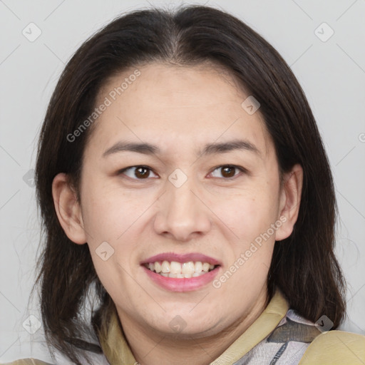 Joyful white young-adult female with medium  brown hair and brown eyes