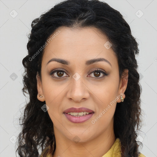 Joyful latino young-adult female with long  brown hair and brown eyes