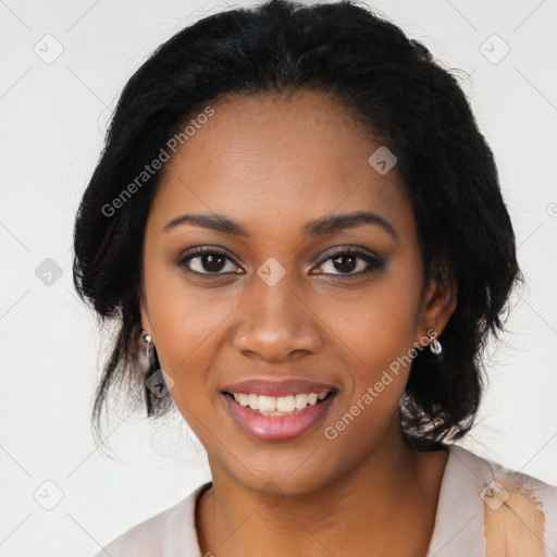 Joyful black young-adult female with medium  black hair and brown eyes