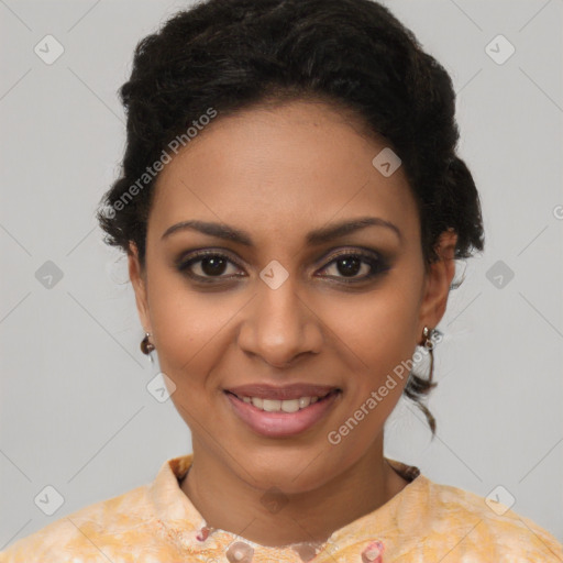 Joyful latino young-adult female with short  brown hair and brown eyes