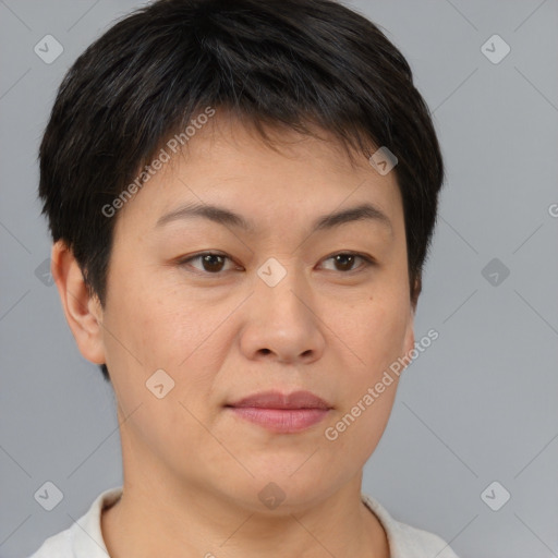 Joyful asian young-adult female with short  brown hair and brown eyes