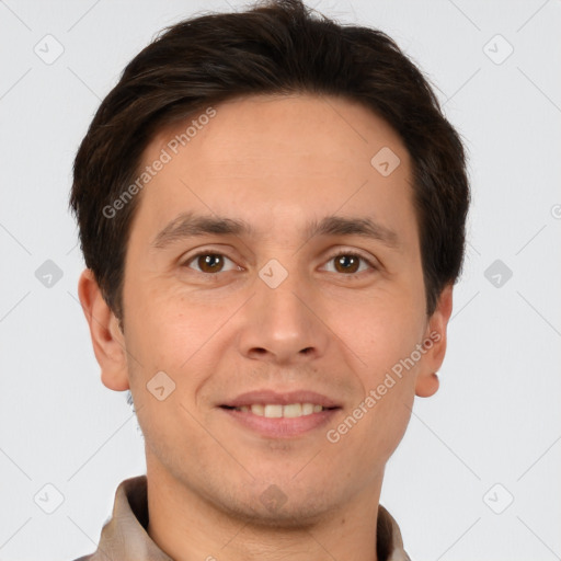 Joyful white young-adult male with short  brown hair and brown eyes