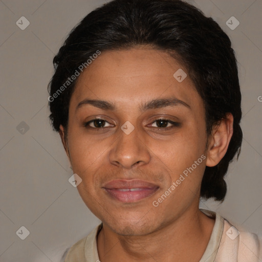Joyful latino young-adult female with short  brown hair and brown eyes