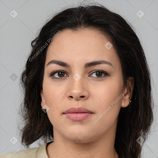 Neutral latino young-adult female with medium  brown hair and brown eyes