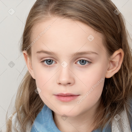 Neutral white child female with medium  brown hair and grey eyes